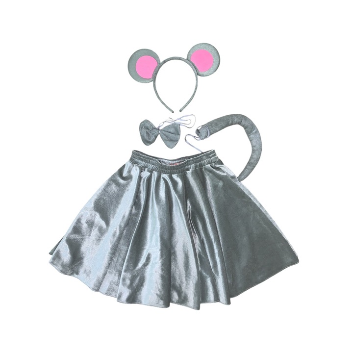 Set 4 accesorii costum soricel, fusta, urechi, papion si coada, gri, 5-7 ani, 105-122 cm