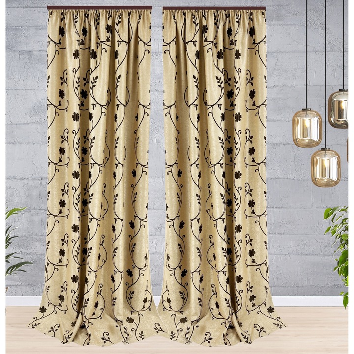 Set 2 draperii black-out, 2x150x250 cm, textura catifelata, model floral stilizat cu frunze mici, bej/maro