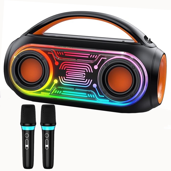 FanFun hordozható hangszóró 2 vezeték nélküli mikrofonnal, sztereó hangzással, mélynyomóval, fekete, 30W, 302x150x198mm