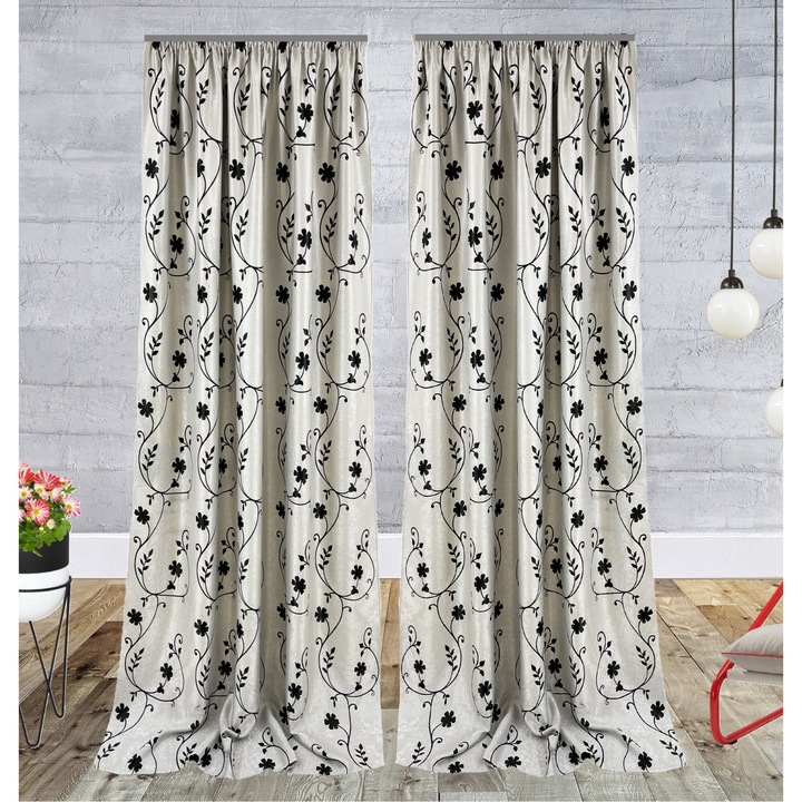 Set 2 draperii black-out, 2x150x230 cm, textura catifelata, model floral stilizat cu frunze mici, gri/negru