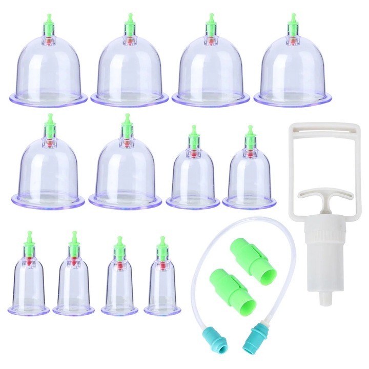 Set de cupe terapeutice cu vacuum, 12 piese, material ABS, albastru deschis, 26x20x5cm