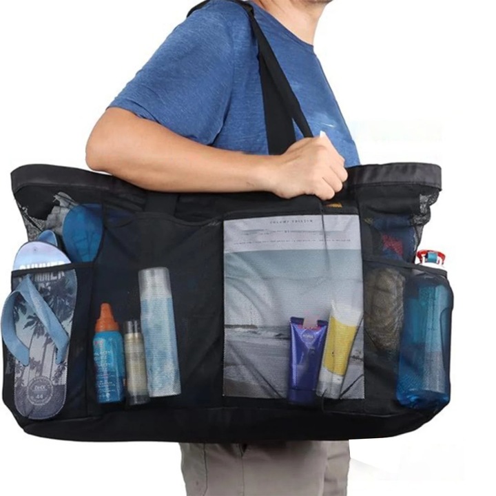 Geanta de plaja din plasa, capacitate mare, neagra, 67x45x18.5 cm, ideala pentru picnic si calatorii