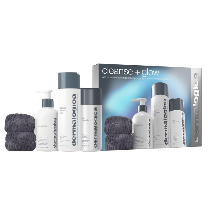 Dermalogica Cleanse + Glow tisztító és fényesítő készlet: Speciális tisztító gél, 250 ml + Precleanse Oil a szennyeződések eltávolítására, 150 ml + Daily Microfoliant hámlasztó púder, 74 g