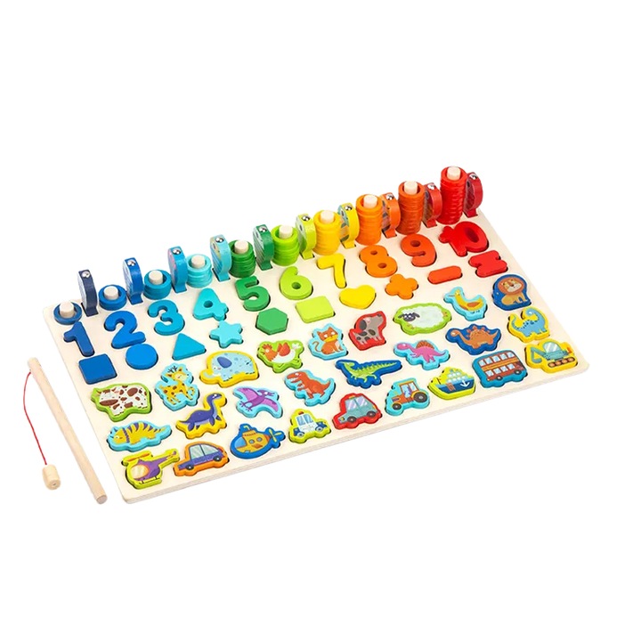 Jucarie Educativa Multifunctionala Montessori, Puzzle din Lemn cu Cifre, Forme, Animale, Dinozauri si Vehicule pentru Dezvoltarea Cognitiva, Motricitate Fina si Invatare Interactiva, Ideal pentru Copii Prescolari, 40x22.5 Cm, + 3 Ani, Utility One