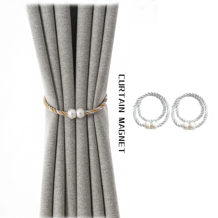 Agrafe magnetice pentru draperii ZYBLSSBB LSM2xh5665-BCS0287650-1, snur rasucit decorativ cu perle, argintiu/auriu, set 2, 15.75 inchi (≈40 cm)