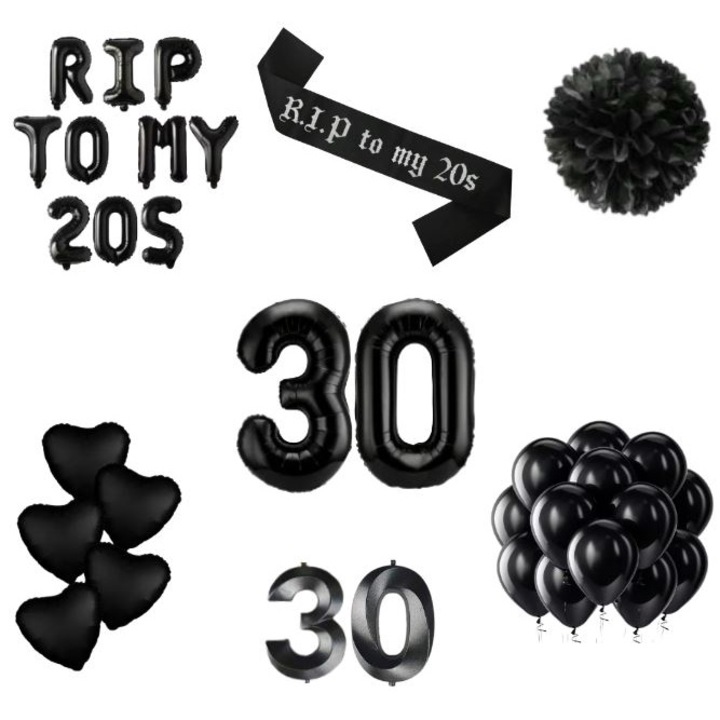 Комплект за 30-та годишнина, "RIP TO MY 20s", балони, украса за торта и свещи, черен
