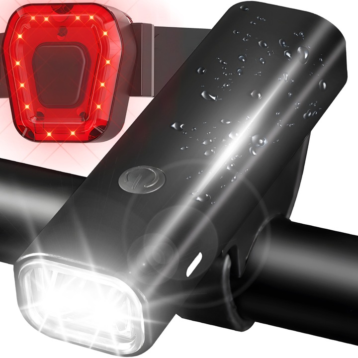 Set Far Bicicleta, 2 x LED (Fata, Spate), Acumulator 2000mah, Incarcare Usb, Rezistent La Apa, 7 Moduri Luminare, 400 de lumeni, Negru, Retoo