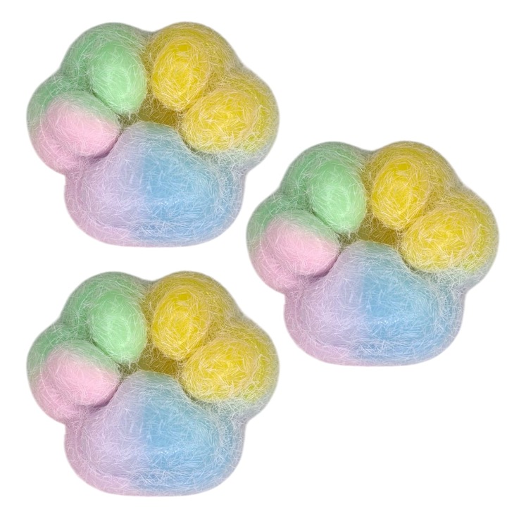 3 db-os Squishy antistressz játék készlet lassú visszapattanó textúrával, bolyhos macskamancs mintával, összenyomható játékok, puha tapintású 6,5 cm x 6 cm, 60 g, pasztell