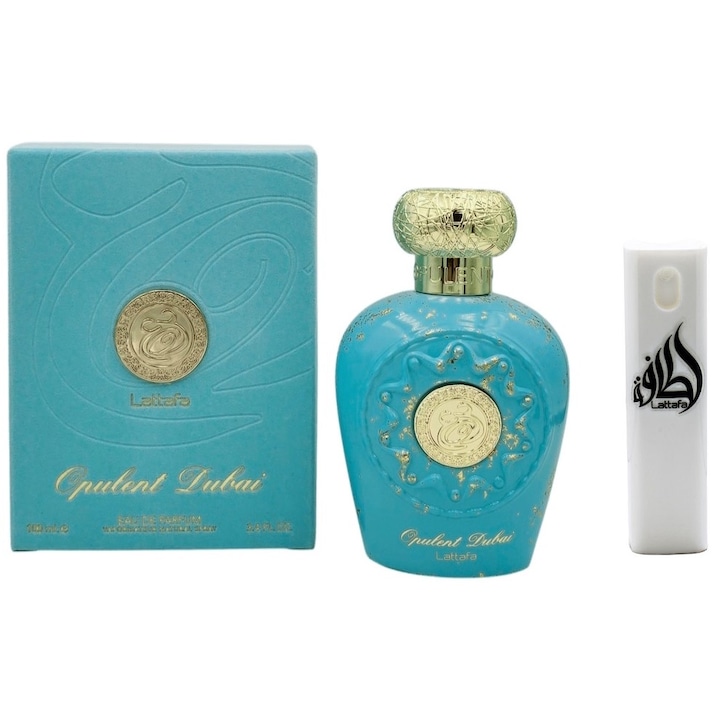 Комплект Eau de Parfum, Lattafa Opulent Dubai, унисекс, арабски, 100 мл с 10 мл комплект за пътуване за многократно пълнене