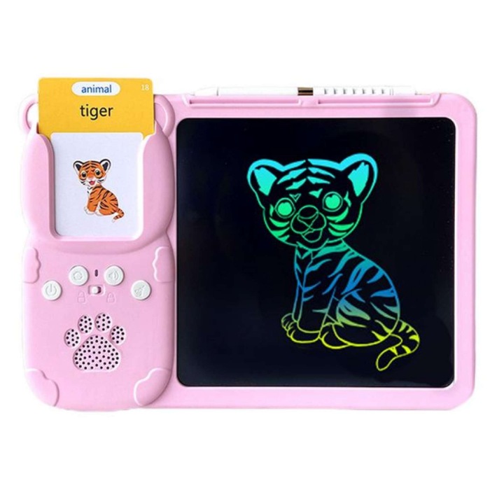 Tableta 2 in 1 pentru copii Victiny ® Tip urs koala interactiva si educationala, scris si desenat, 112 carduri cu 224 cuvinte in limba engleza si redare lor cu sunet, jucarie pentru invatare limba engleza, stilou pentru scris si desenat, Roz