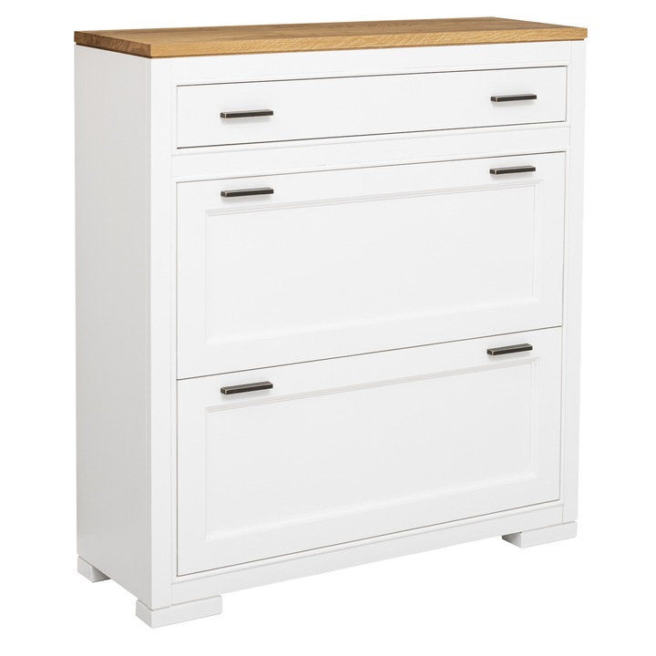 Pantofar cu 2 usi, 1 sertar "Pure", blat stejar, sertar pe sina metalica, culoare corp alb P004, culoare blat maro deschis P089, dublu color, 100% lemn masiv, 110x100x35 cm