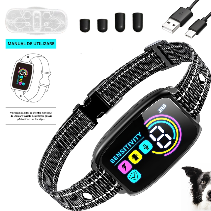 Zgarda antilatrat pentru caini, Reglabila, Sistem automat de protectie, 8 Nivele, Sunet, Vibratii, Impulsuri, Rezistenta la Apa, Autonomie 20 Zile, Negru