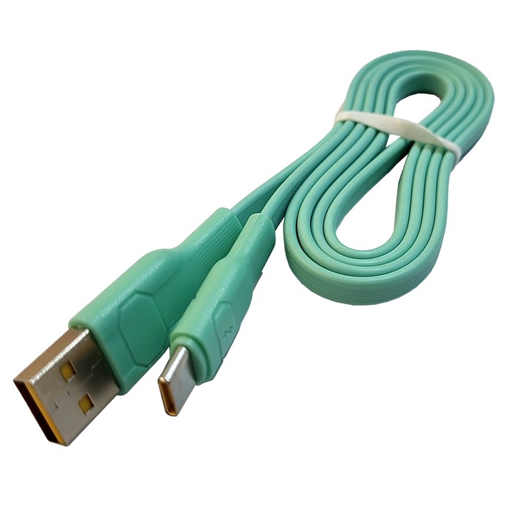 Cablu de date si incarcare plat USB Type C, verde deschis, 1 metru lungime