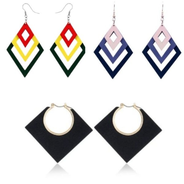 Set 3 buc. Cercei din Lemn, Forme Geometrice, Model Romburi, Multicolor