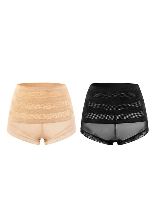 Комплект 2 оформящи бикини, Inhwatek, висока талия, отслабващ ефект, черни/бежови, Бежов, M