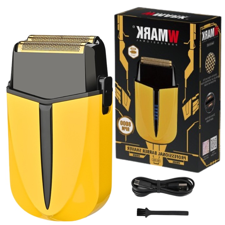 WMARK Edge by BIRAI® Professzionális elektromos borotva, Borotva 8000 RPM, Vezeték nélküli, Vízálló, LCD kijelző, LED kijelző, Szupergyors USB töltés, Dupla penge, Vízálló, Nedves és száraz borotválkozás, Ergonomikus kialakítás, Sárga