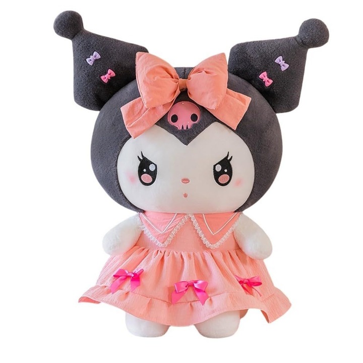 Jucarie de plus Kuromi Sanrio cu funda, Kawaii Princess, Editie speciala cu rochie roz, 40 CM