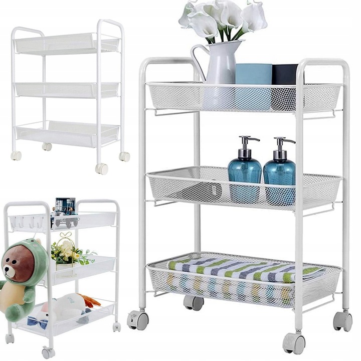 Dulap mobil metalic alb cu 3 rafturi, 64x44x27cm, set cu roti si 4 carlige