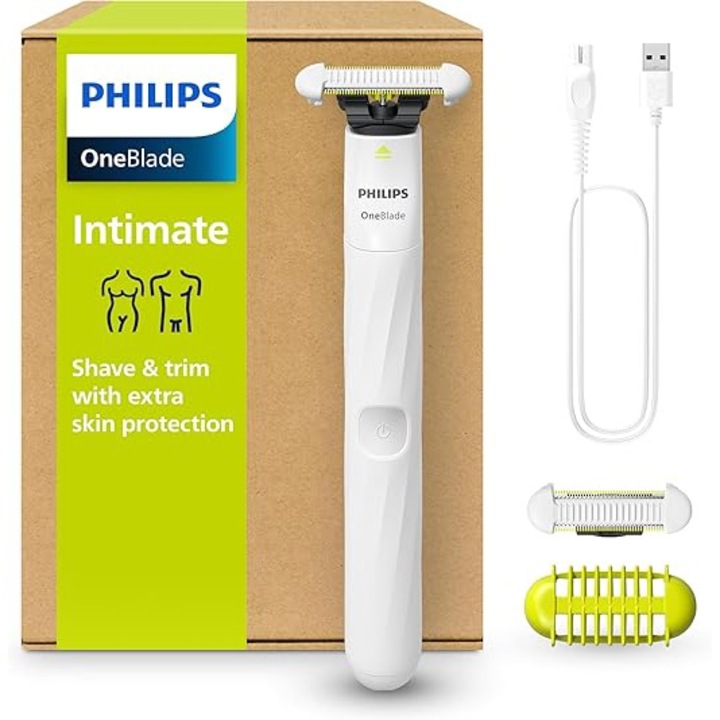 Philips OneBlade QP1924/30 Intimate – Електрическа самобръсначка и интимна машинка за мъже и жени, с допълнителна защита на кожата, 2 ножчета SkinProtect, 1 3 mm приставка за подстригване, бяла
