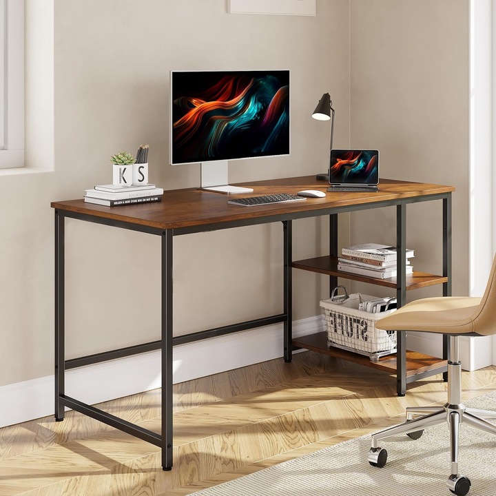 Birou cu 2 rafturi pe stanga sau dreapta, VIENOD®, cadru din otel, 60x120x75cm, industrial, maro si negru