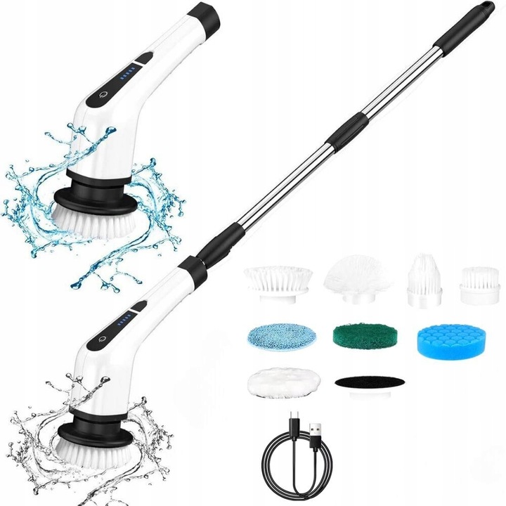 Set mop electric rotativ Verk, 9 accesorii curatare, perii interschimbabile, maner ergonomic, plastic metal, alb