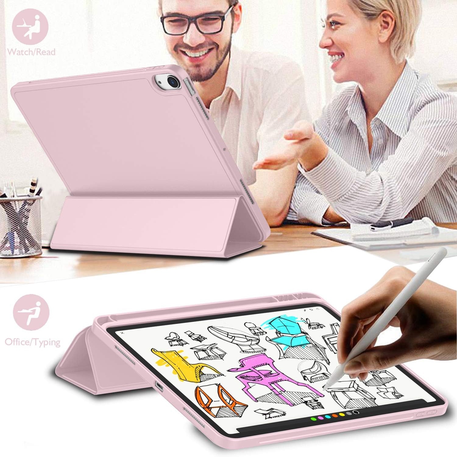 Husa de protectie pentru tableta, potrivita pentru iPad Air 11" 7/6generatii(M3/M2 )2025/2024, iPad Air 5/4 generatii 2022/2020 10.9 ", functie automata trezire/sleep, cu tava pentru stilouri, Roz