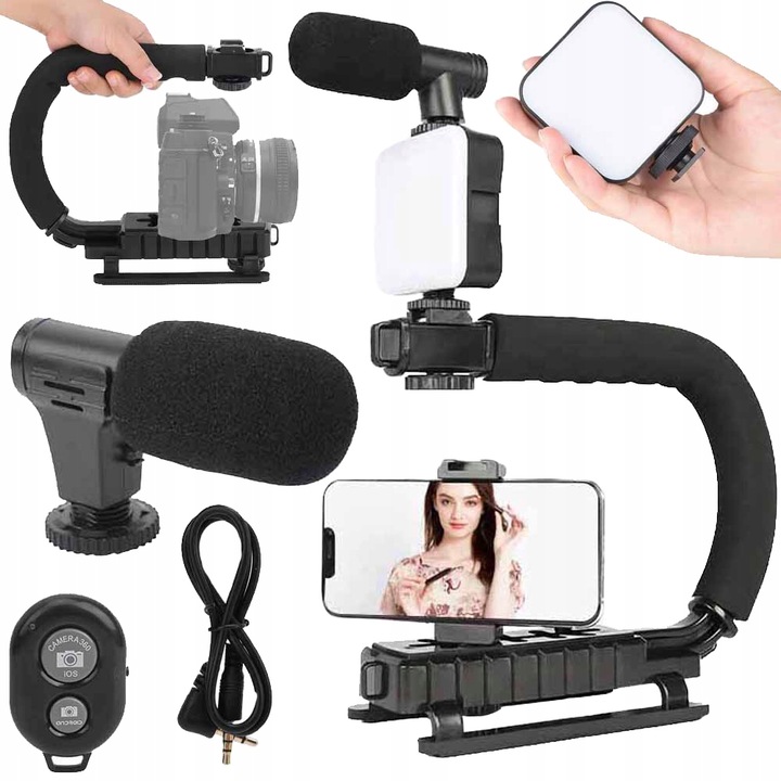 Trepied vlogging, Verk Group, stativ tip "C", microfon directional, lampa LED, negru, 35cm