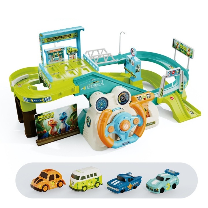Set pista cu masinute si garaj interactiv Dino – 4 masini incluse, joc educativ pentru copii 3-6 ani