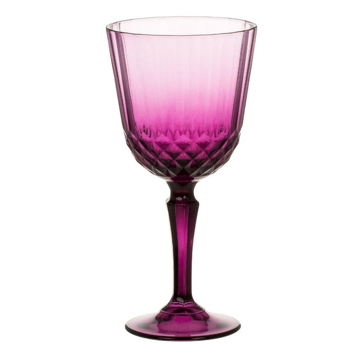 Pahar pentru vin Shopiens®, din sticla mov cu picior, cu dunga reliefata si model diamant, 310 ml