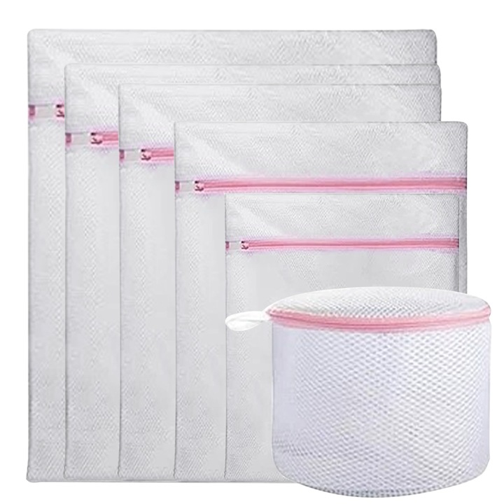 Комплект от 6 торбички за пране, Enforose, мрежести, издръжливи, бели