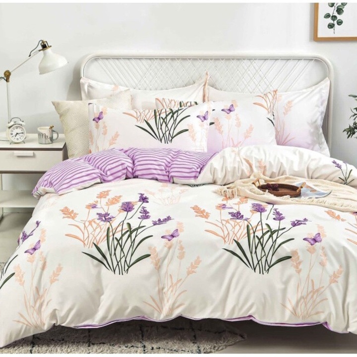 Lenjerie de pat dublu, Bumbac Satinat, 4 piese, 2 persoane, 240x250cm, Imprimeu Lavanda, Multicolor