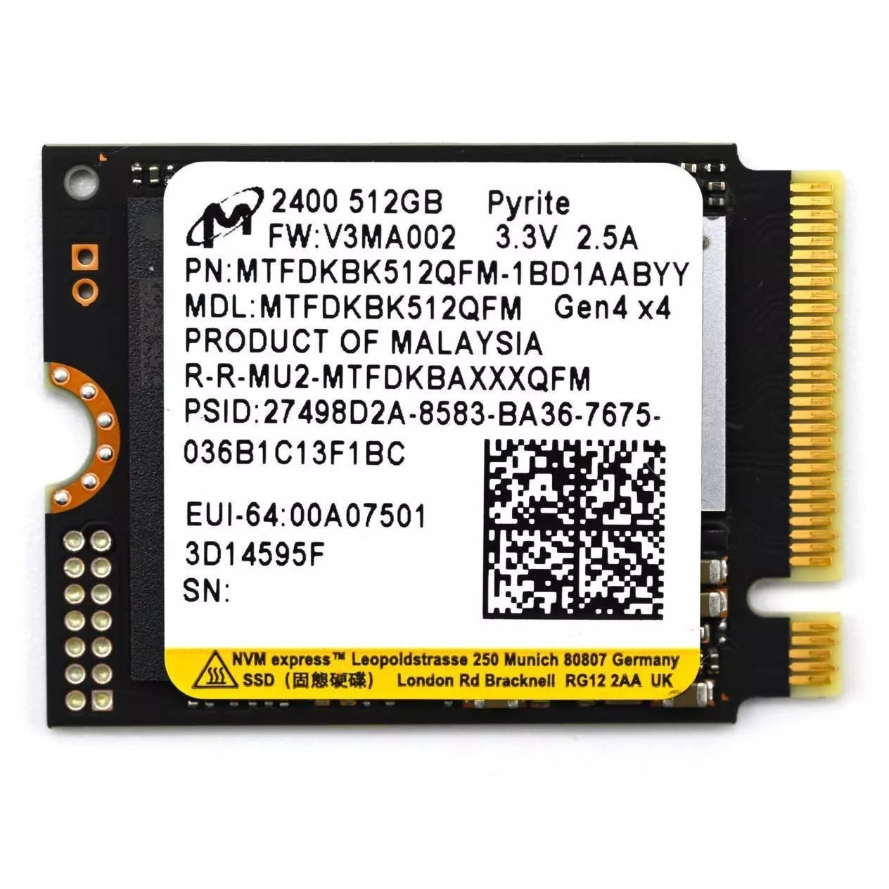 SSD Micron 2400, 512GB, M.2 2230, PCIe Gen 4.0 x4 NVMe, read/write