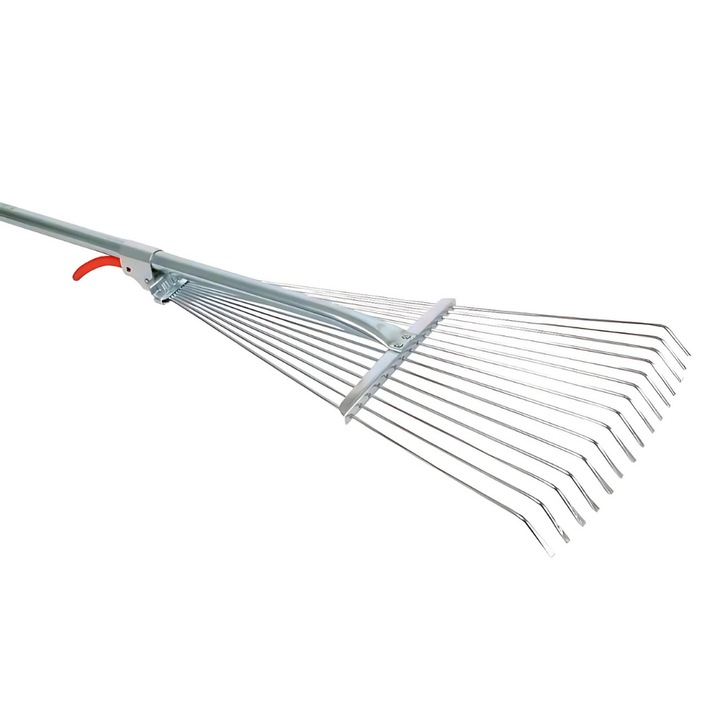 Grebla metalica Promerco®, reglabila, lungime 1.5m, 15 dinti metalici ajustabili, rezistenti, pentru eficienta maxima, design tip evantai, ideala pentru frunze, iarba si gradinarit, lama 44 cm, constructie solida, usoara, culoare gri