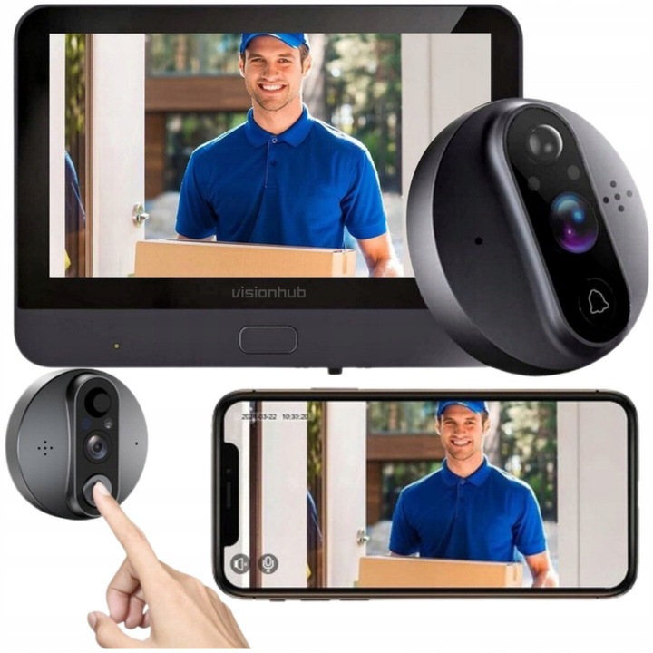 Vizor Video Inteligent Wi-Fi cu Sonerie, Interfon cu Camera HD 1080P, VisionHub®, 2MP, Ecran LCD 4.3-inch, Video Call cu Audio Bidirectional, Senzor Miscare PIR, Viziune Nocturna, Baterie 5000mAh, Suport Card SD & Aplicatie Mobila, Supraveghere 24/7