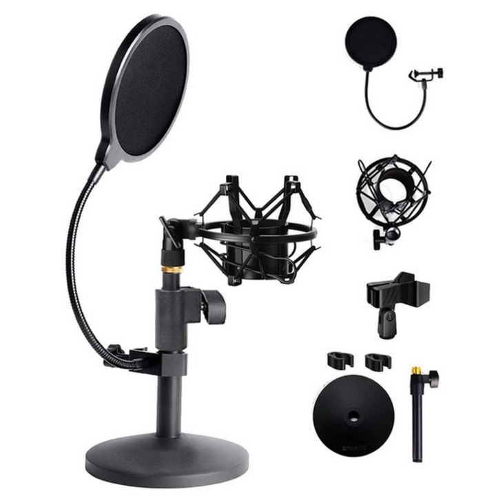 Suport microfon SkyTechs® montare la soc pop guard suport de birou Inaltime vibratii pentru zgomot baza metalica reglabil pentru inregistrari podcast streaming