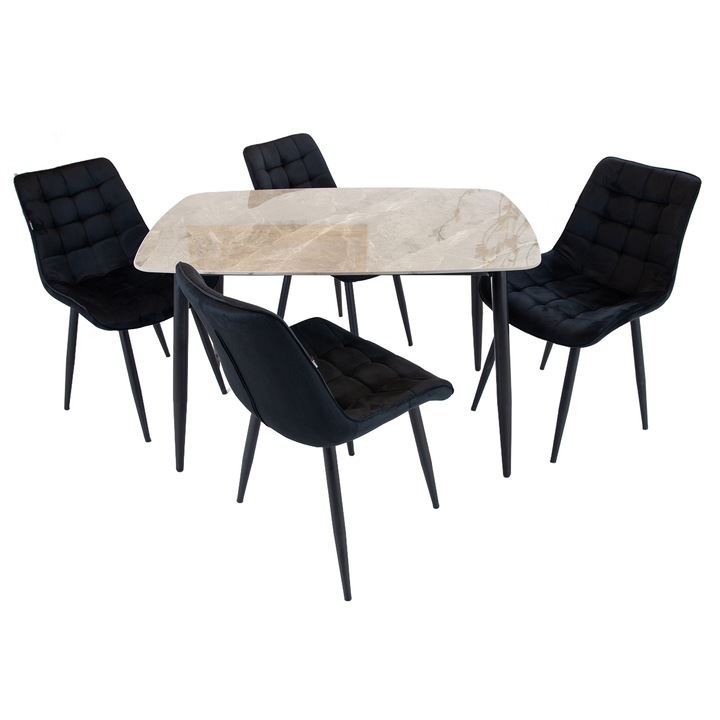 Set masa Viena cu 4 scaune Osaka negru, DENVER, blat ceramica sintered stone gri, picioare negre, forma dreptunghiulara, 120×80 cm