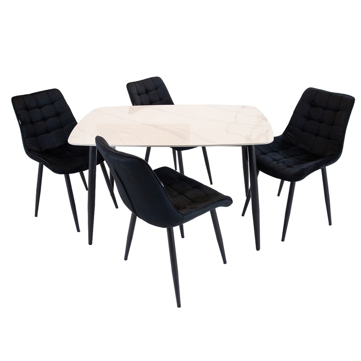 Set masa Viena cu 4 scaune Osaka negru, DENVER, blat ceramica sintered stone alba, picioare negre, forma dreptunghiulara, 120×80 cm