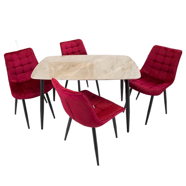 Set masa Viena cu 4 scaune Osaka bordo, DENVER, blat ceramica sintered stone gri, picioare negre, forma dreptunghiulara, 120×80 cm
