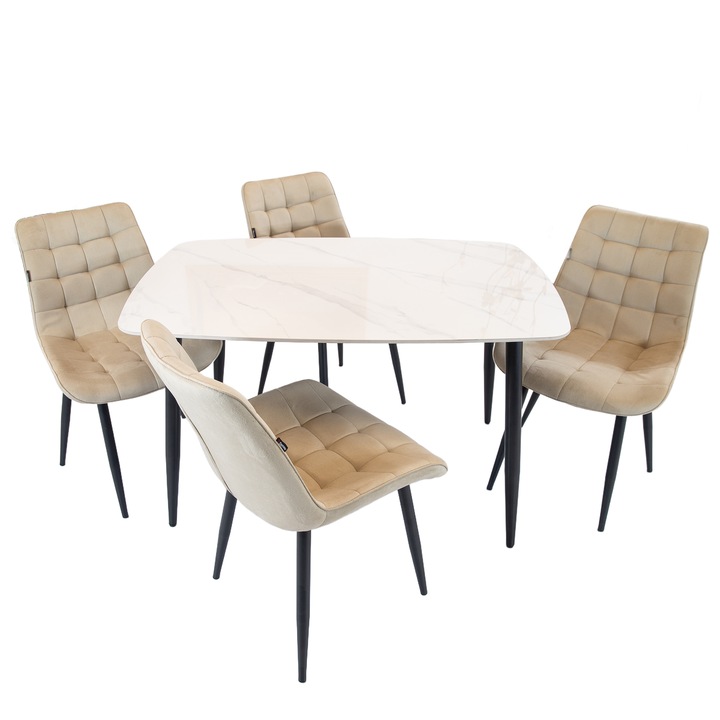 Set masa Viena cu 4 scaune Osaka bej, DENVER, blat ceramica sintered stone alba, picioare negre, forma dreptunghiulara, 120×80 cm
