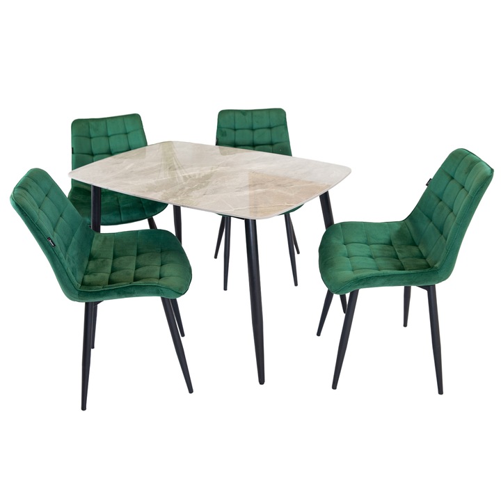 Set masa Viena cu 4 scaune Osaka verde, DENVER, blat ceramica sintered stone gri, picioare negre, forma dreptunghiulara, 120×80 cm