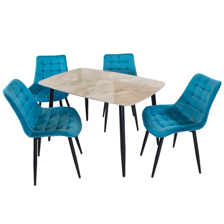 Set masa Viena cu 4 scaune Osaka turcoaz, DENVER, blat ceramica sintered stone gri, picioare negre, forma dreptunghiulara, 120×80 cm