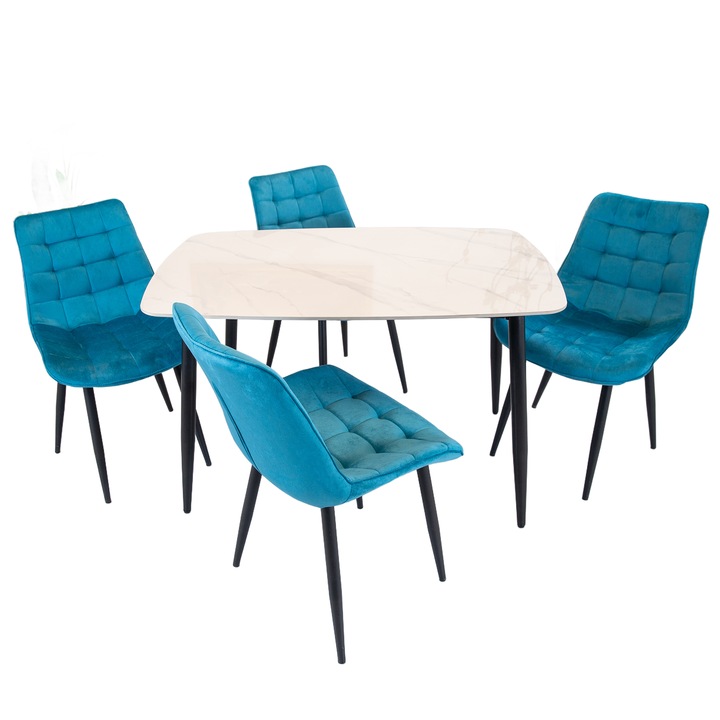 Set masa Viena cu 4 scaune Osaka turcoaz, DENVER, blat ceramica sintered stone alba, picioare negre, forma dreptunghiulara, 120×80 cm