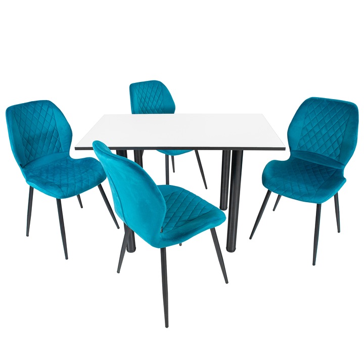 Set masa cu 4 scaune Goteborg turcoaz, DENVER, blat pal alb, cant abs negru, forma dreptunghiulara, 110x65x73 cm