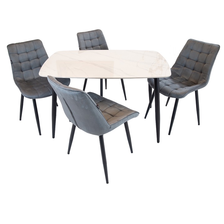 Set masa Viena cu 4 scaune Osaka gri, DENVER, blat ceramica sintered stone alba, picioare negre, forma dreptunghiulara, 120×80 cm