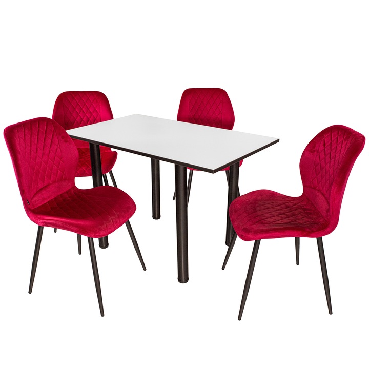 Set masa cu 4 scaune Goteborg bordo, DENVER, blat pal alb, cant abs negru, forma dreptunghiulara, 110x65x73 cm