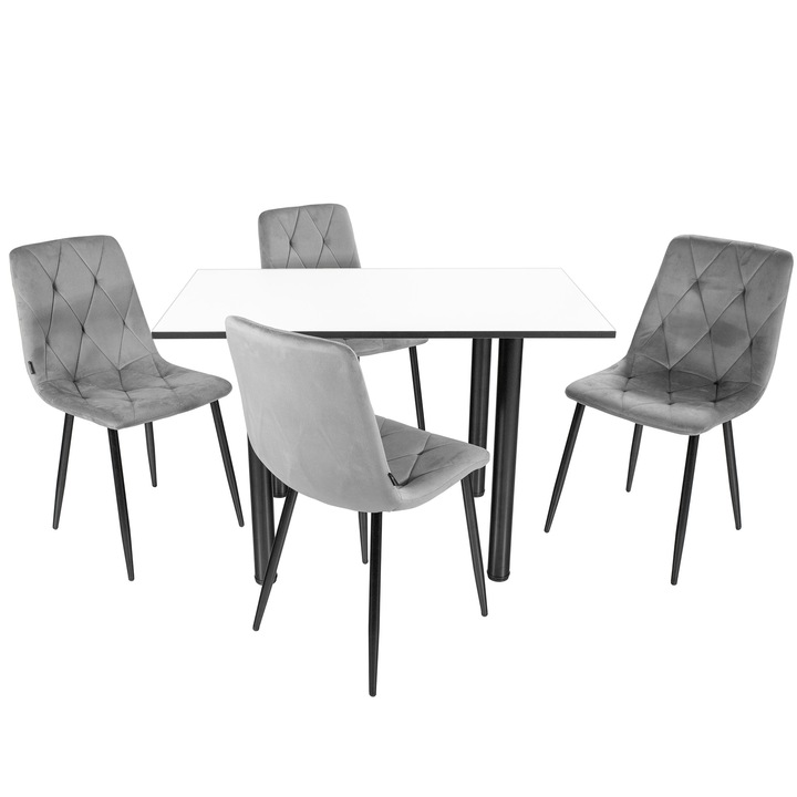 Set masa cu 4 scaune NewKobe gri, DENVER, blat pal alb, cant abs negru, forma dreptunghiulara, 110x65x73 cm