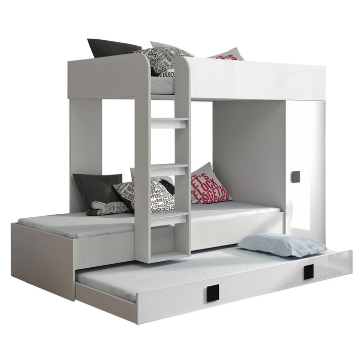 Pat supraetajat Tomson 2 85x200 / 90x200, MIRJAN24, alb / alb lucios + negru, 94x254x165 cm