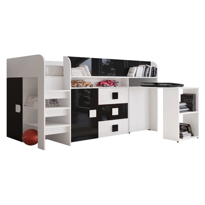 Pat supraetajat Tomson 1 90x200, MIRJAN24, alb / negru lucios + alb lucios, 197x204x125 cm