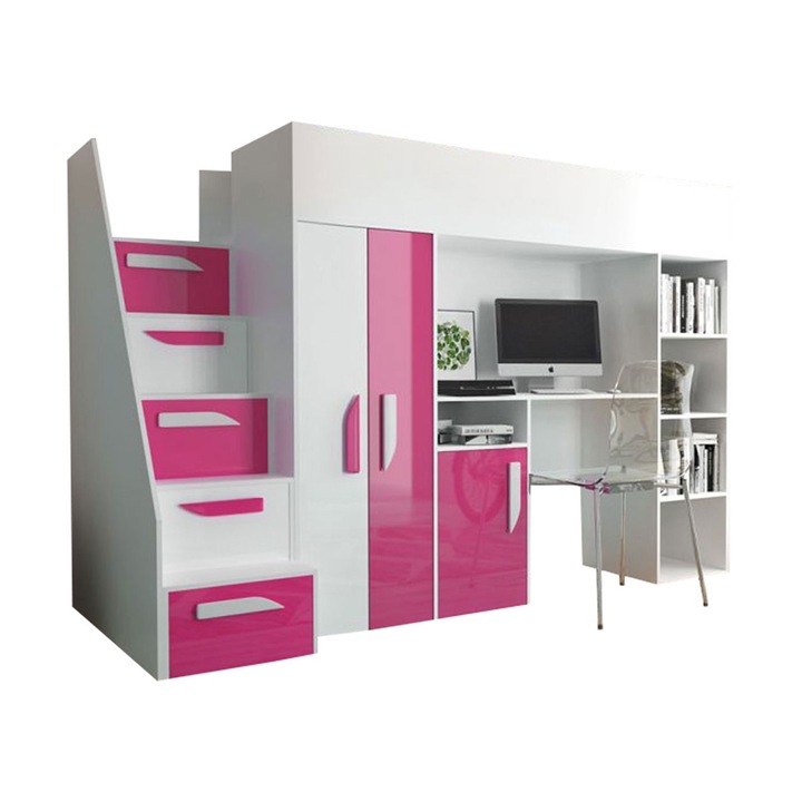 Pat supraetajat Pen 14 90x200, MIRJAN24, alb / roz lucios + alb lucios, 120x247x166 cm