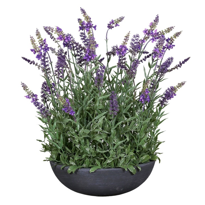 Aranjament flori de lavanda artificiale in vas de plastic gri, inaltime 45 cm